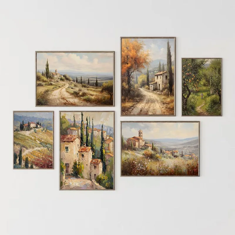 Affiche sur toile vintage de paysage architectural de village toscain italien avec sentier en pierre, art mural, images décoratives pour la maison