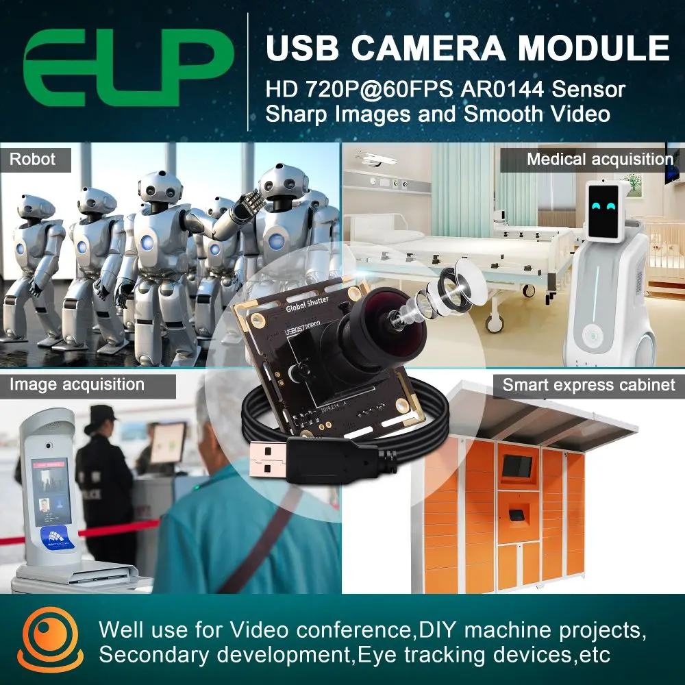 ELP Global Shutter High Speed Webcam 720P 60fps Monochrome USB Camera Module Fisheye Lens Industrial Camera for Barcode Scan