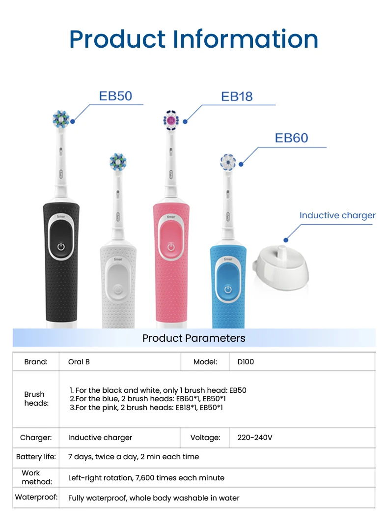 Oral B D100 Electric Toothbrush 2D Vitality Cleaning Teeth Brush Waterproof Electronic Teeth Brush Inductive Charger With Timer