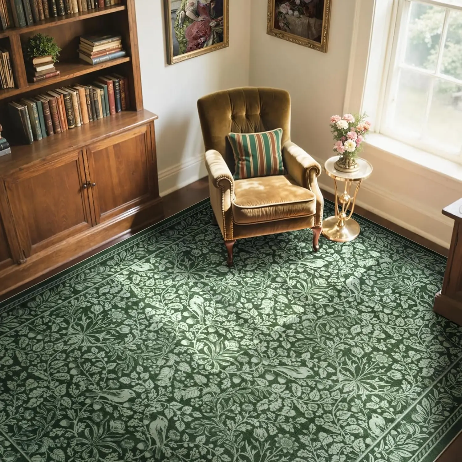 Green Area Rugs for Living Room, Vintage Floral Non-Slip Washable Rugs, Farmhouse Botanical Birds Nature Pattern Large Area view 3