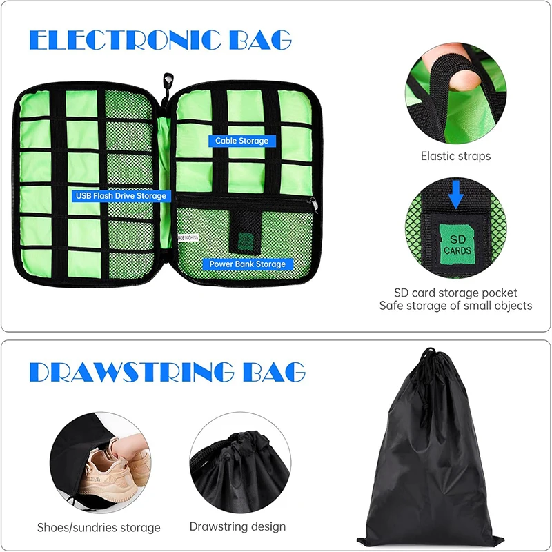 7PCS Compression Packing Cube Set Expandable Mesh Travel Bag Luggage Organizers With Usb Cable Cord Charger Organizer Drawstring