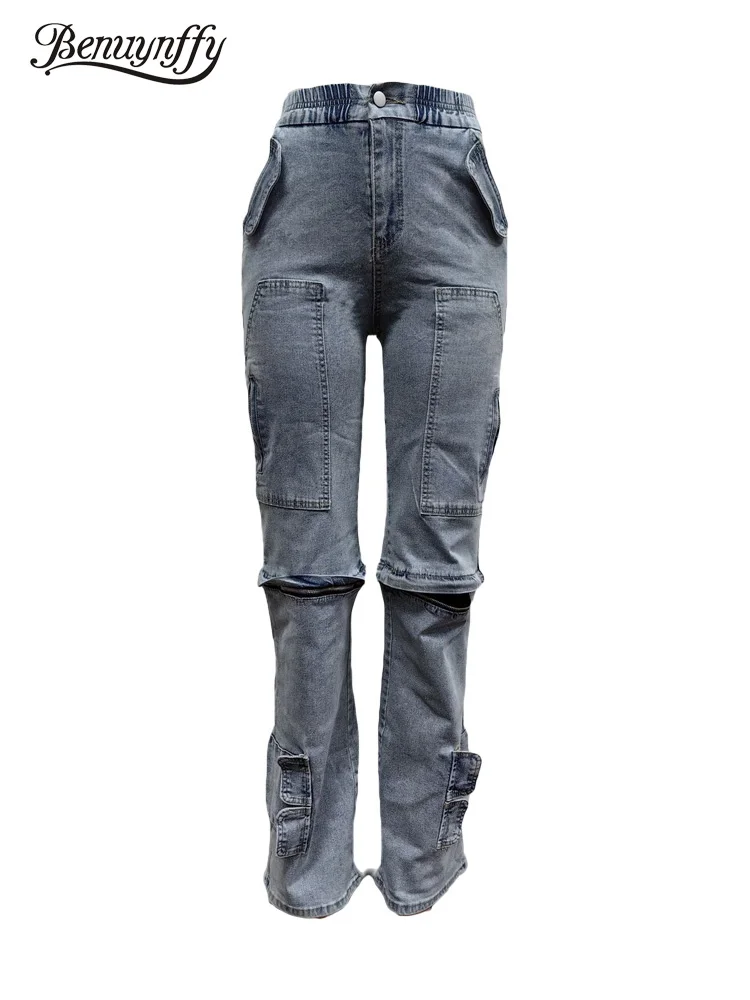 Benuynffy nuova tuta di Jeans per le donne Streetwear cerniera Patchwork pantaloni Cargo Multi-tasca elastico in vita Jeans gamba dritta