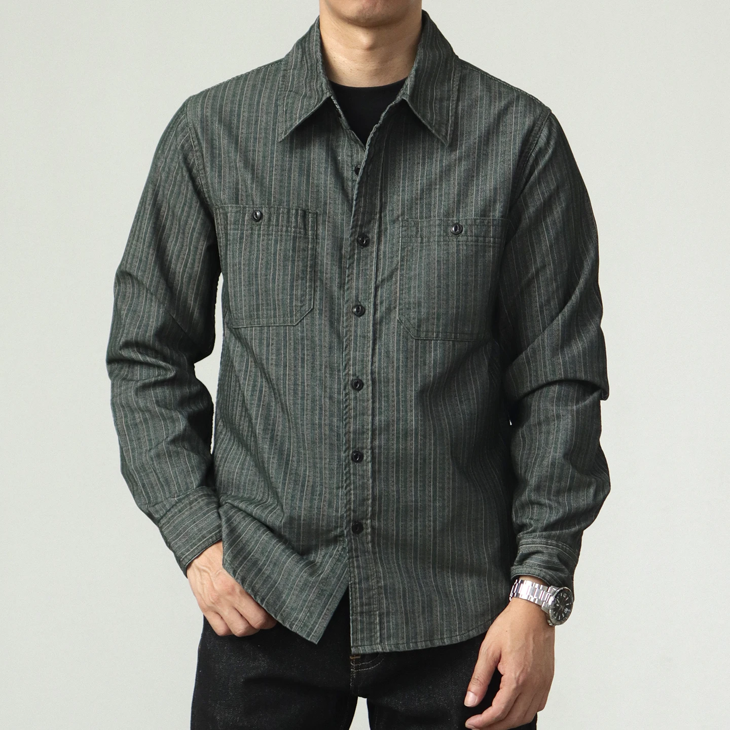 

New autumn corduroy vertical striped work shirt men's long-sleeved American retro casual shirt