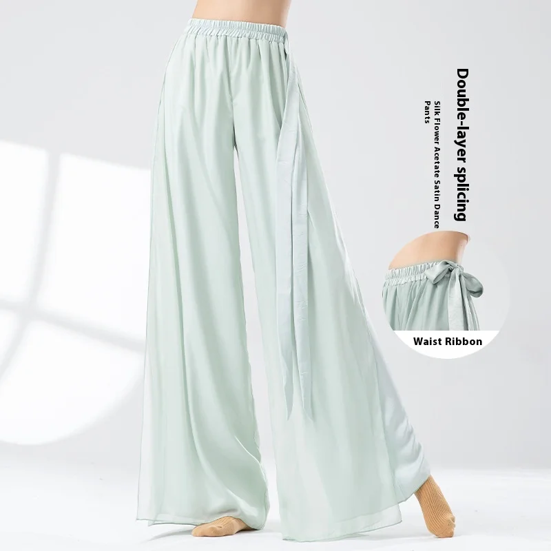 Classical Dance Pants Loose Chiffon Skirt for Women Double-layer Patchwork Ethereal and Flowing with Ribbons Wide-leg Pants