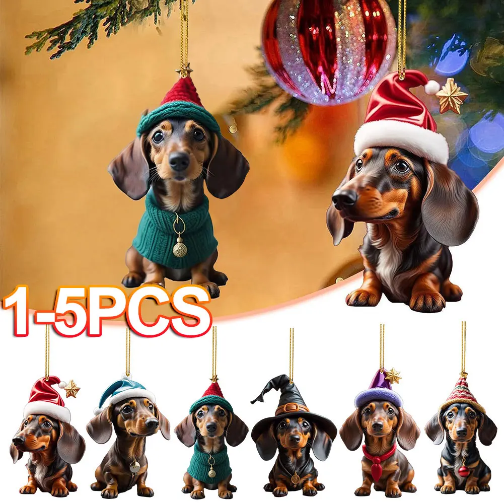 1-5pcs Cartoon Cute Dog Christmas Ornaments Fun Dachshund Dog Hanging Decoration Xmas Tree Graphic Design Pendant Home Car Decor