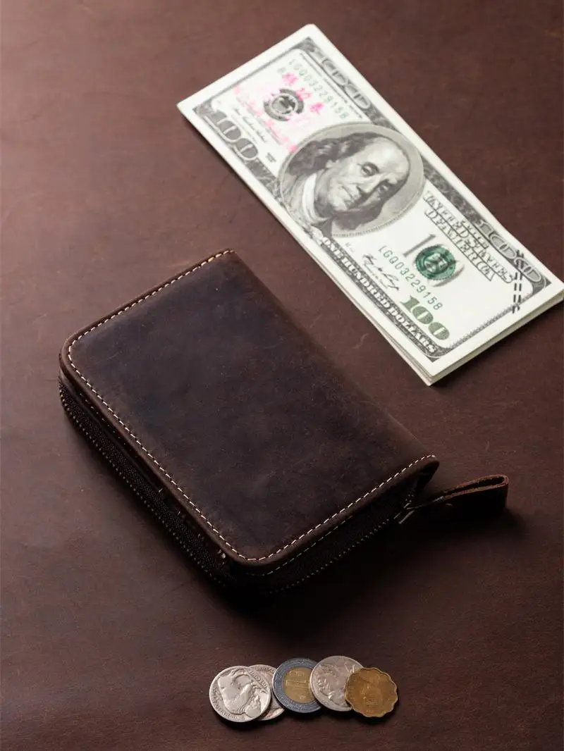 Retro Top Layer Crazy Horse Skin Men's Short Wallet Genuine Leather Vertical Men's Zipper Coin Purse Youth Wallet Card Holder