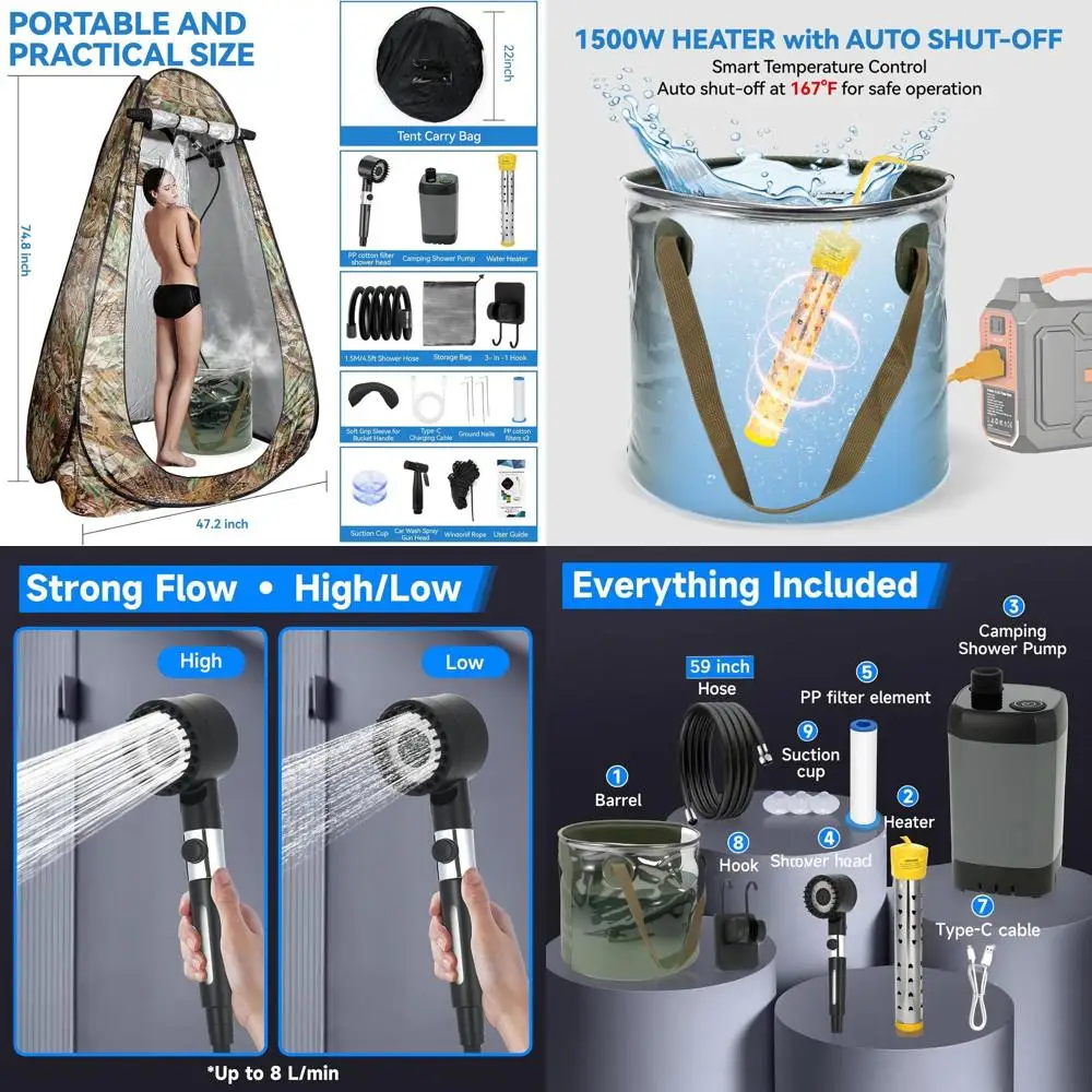 

Compact 6.6 Gallon Portable Shower with 1500W Heater and Pump, Digital Temp Display for Outdoor Adventures