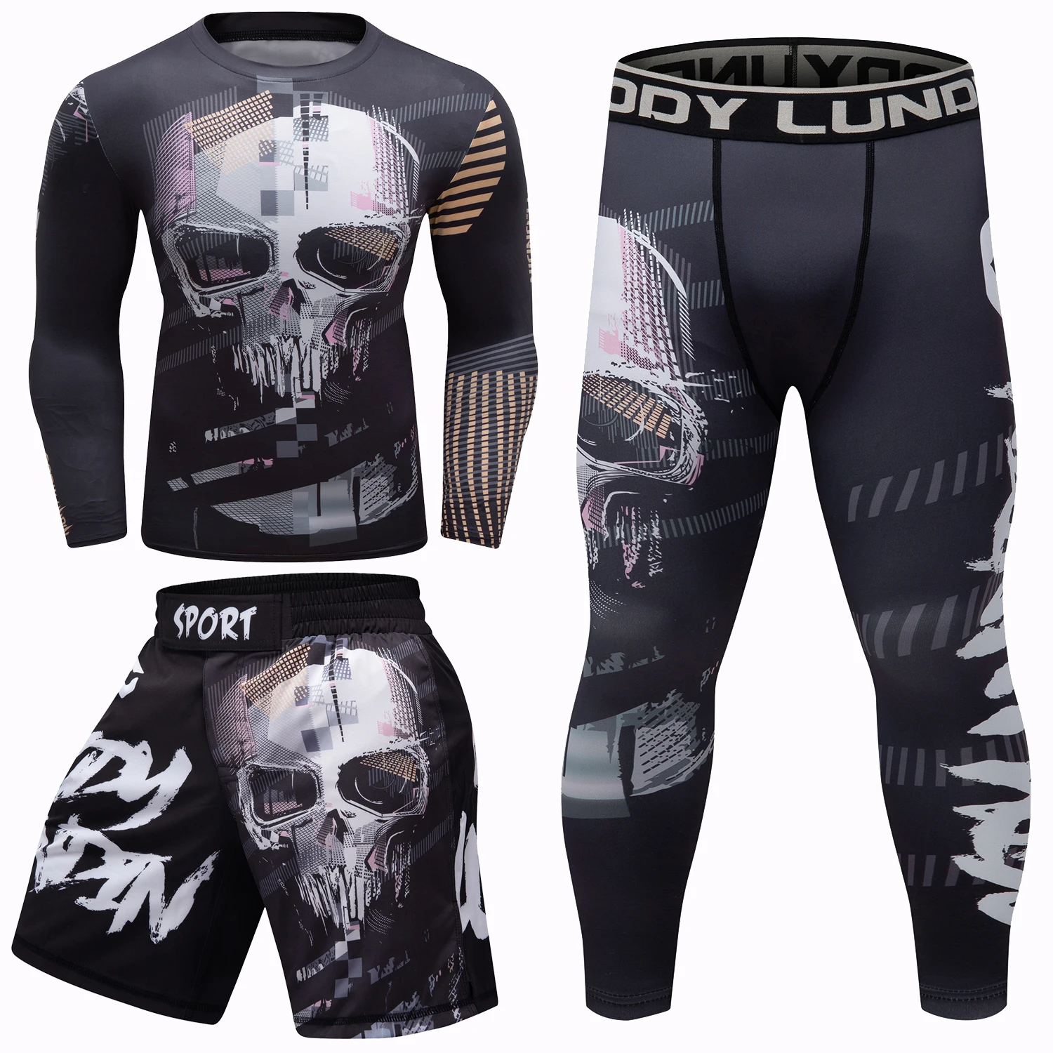 Skull Rash Guard Jiu Jitsu MMA T-shirts+Pant Set Men Bjj Gi Rashguard Boxing Jerseys Bodybuilding Fitness Kickboxing Sportsuit