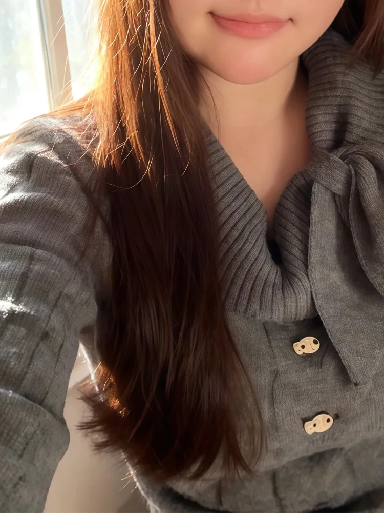 اليابانية الحلو نمط الأرنب الأذن متماسكة سترة كابل متماسكة سليم صالح البلوز المرأة طالب أعلى رمادي وردي متاح Kawaii الأزياء #5