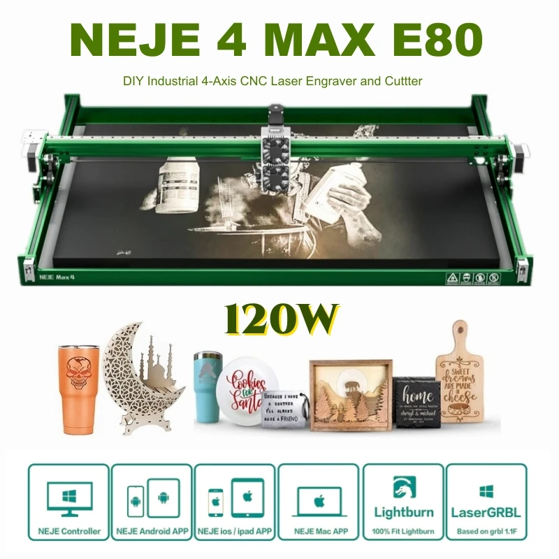 NEJE 4 MAX E80 120W DIY Industrial 4-Axis CNC Laser Engraver Wood Laser Cutter 3D Printer, Metal Engraving Tool Lightburn