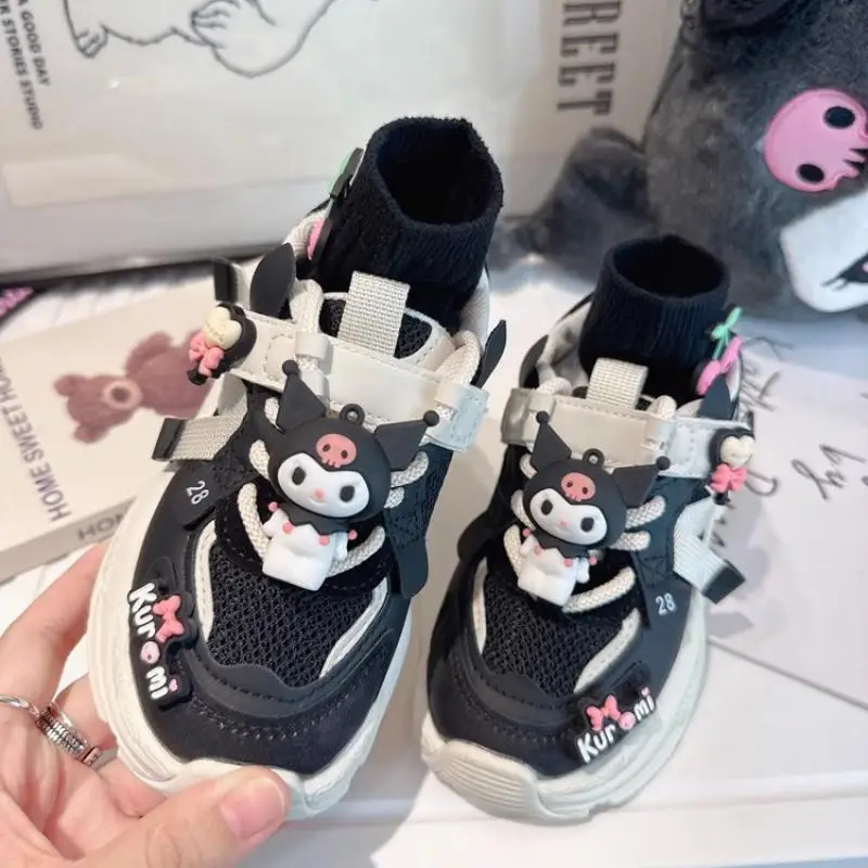 Girly Heart Kawaii Kuromi Anime Sanrio Children Black Sports Shoes Cute Cartoon Mesh Breathable Sneakers Gifts for Kids