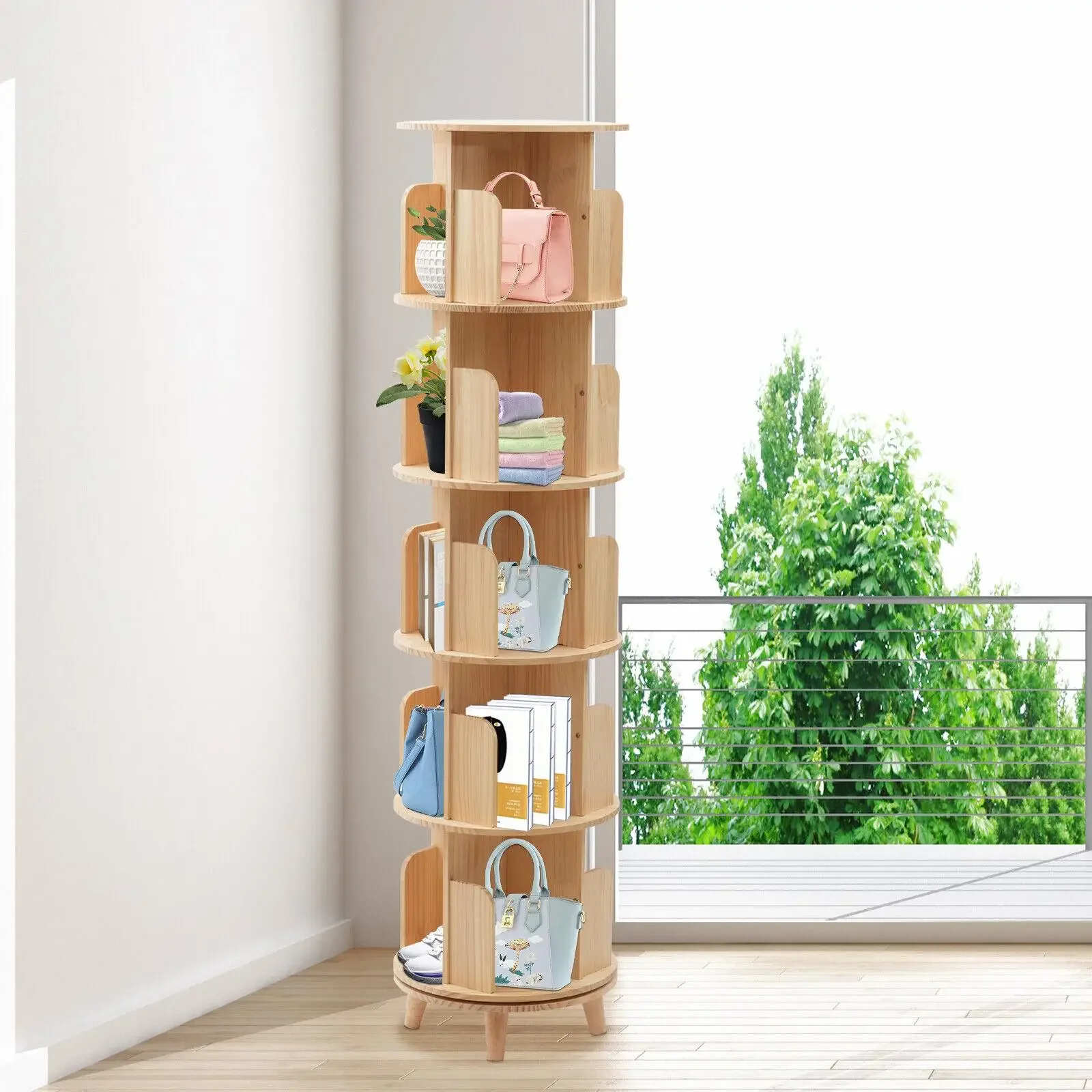 5 Layers Bookshelf Book Storage Display Rack 360 Rotating Floor Stand Bookcase Minimalism Bedroom Living Room Furniture