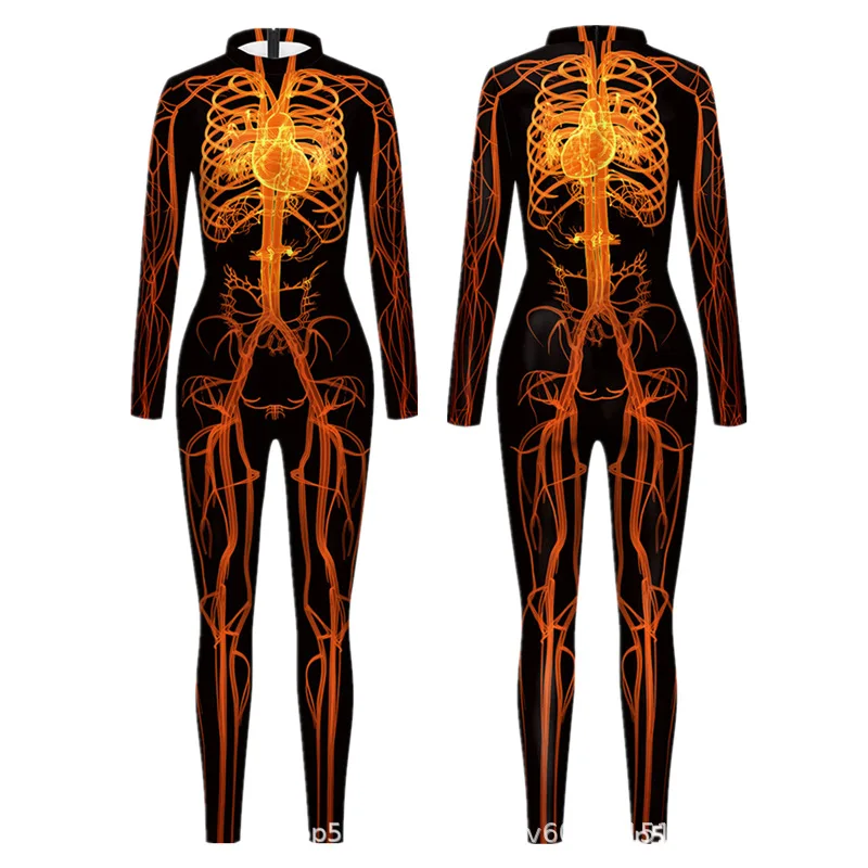 Halloween-Party Muskel-Punk Bedruckter Jumpsuit Elastischer Ganzkörperanzug Karneval Cosplay Kostüm Catsuit Steampunk Outfit 2026 – Detail 7