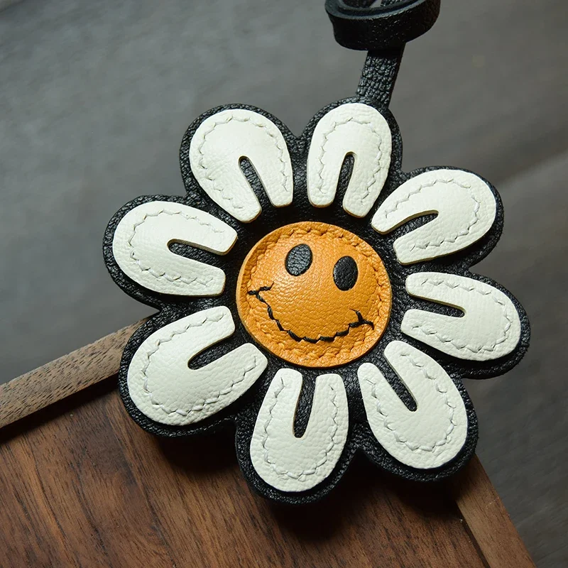 

Handmade Leather Smile Sunflower Bag Charm KeyRing Key Chain Christmas gifts