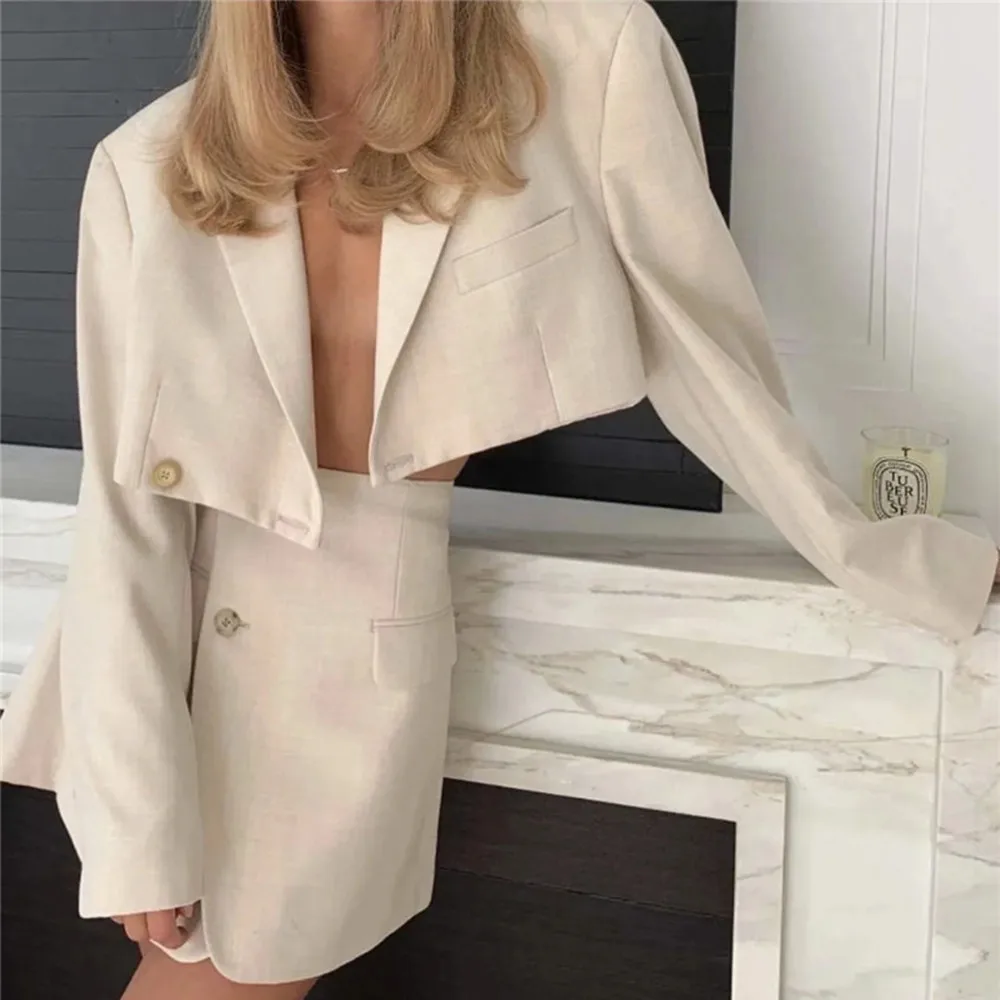 

Sexy Copped Blazer 2 Piece Set Empire Split Skirts Set Suit Women Single Button Blazer Empire Solid Skirts Summer Korean