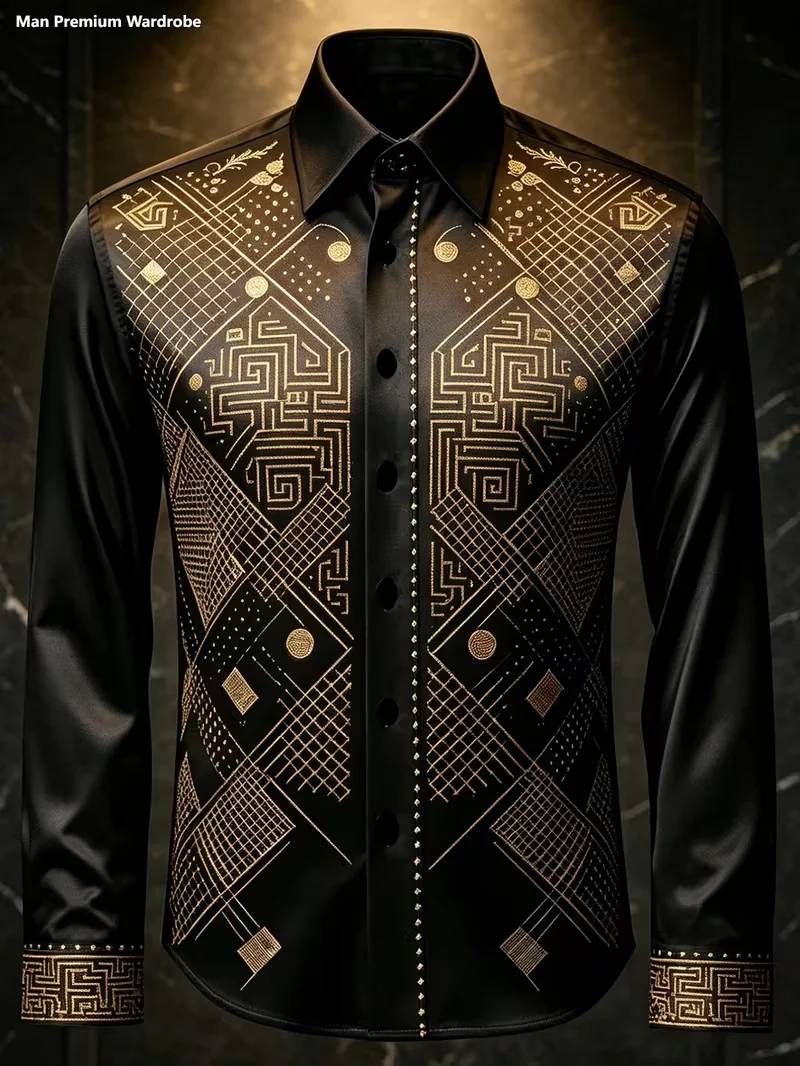 New men's Retro Tribal Casual Shirt Solid Color Brown Base 3D Ethnic Geometric Printed Pattern Long Sleeved Shirt