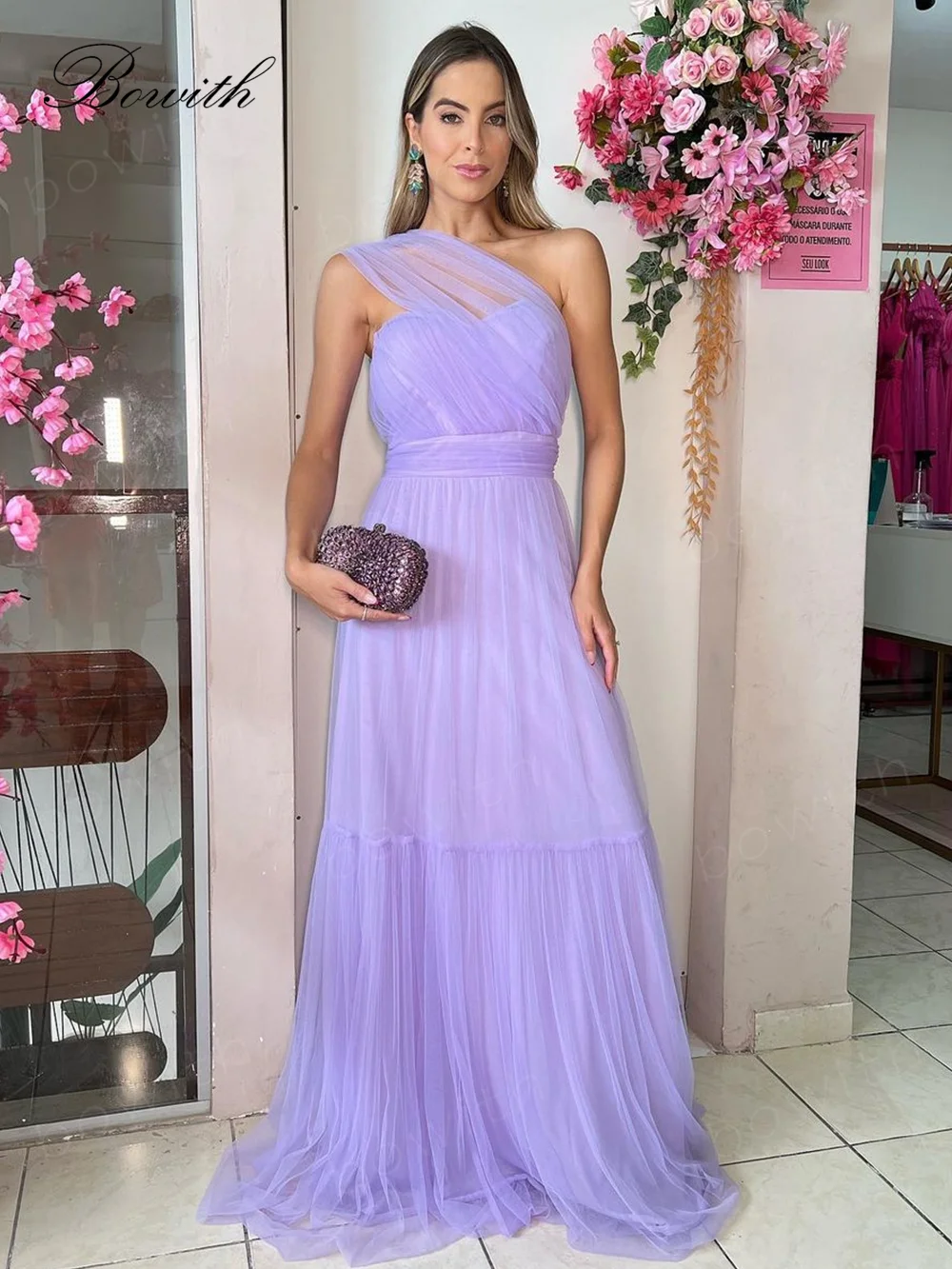 

Bowith Lavender Tulle Evening Dresses for Women One Shoulder Party Dresses with Lace up Back A Line Formal Occasion Dresses