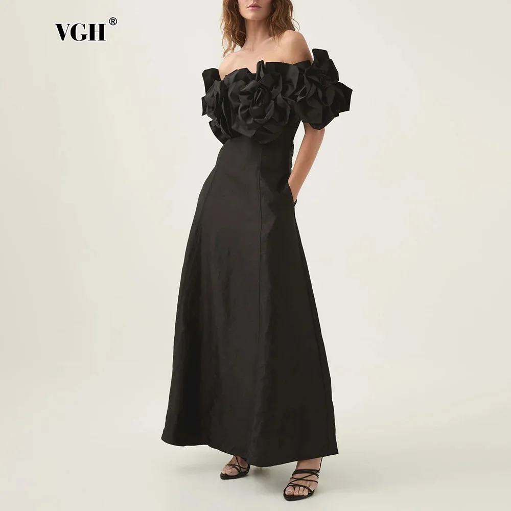 VGH High Quality 2025 Luxury Women's Dress Slash Neck Off Shoulder High Waist Spliced Appliques Solid Dresses Female Summer New