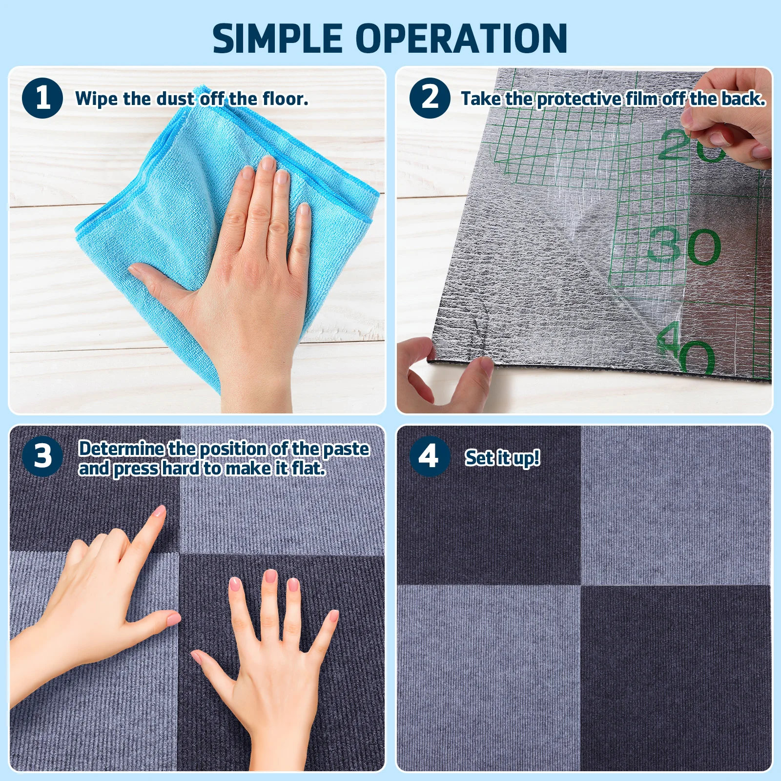 

30Pcs Carpet Tiles Non Slip Self Adhesive Carpet Squares Floor Mat Wear Resistant Rug Padding Flooring