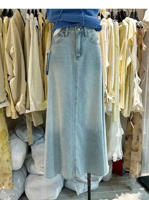 High Waist Loose Fit Denim Skirt Women's Summer New Style Retro Blue Jeans Mid-Length A-Line Skirt for plus Size Ladies