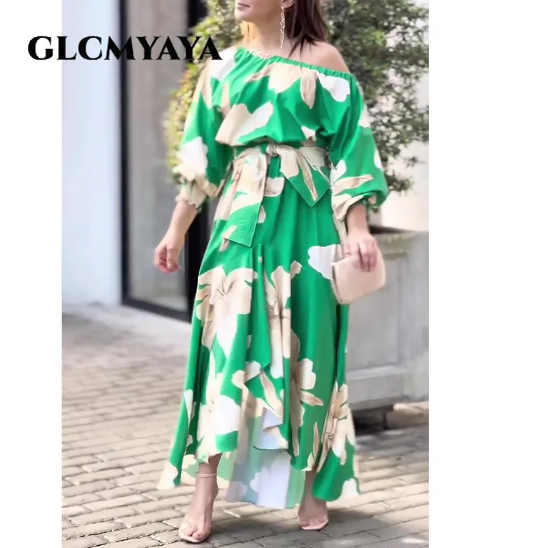 GLCMYAYA Elegant Chic Floral Women Green Lantern Long Sleeve Off Shoulder Sashes Waist Ruffles Hem Asymmertrical Maxi Long Dress