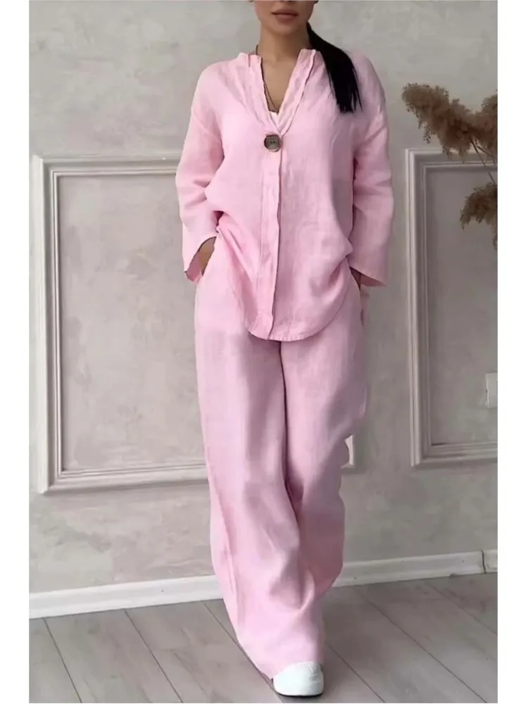 V-neck Long-sleeved Top + Wide-leg Pants Two-piece Loose Set For Women Spring Summer Fashion Solid Color Elegant Casual Suit