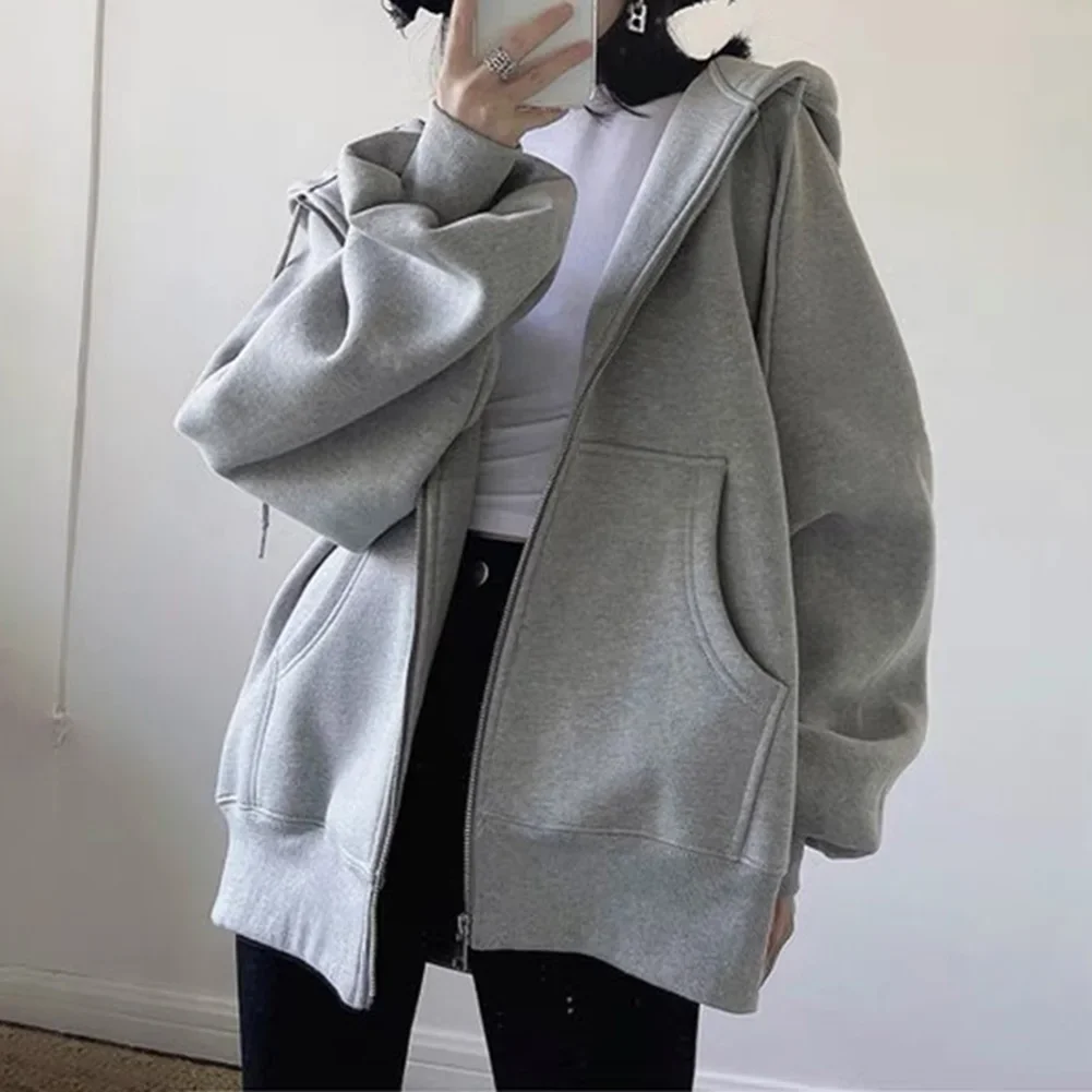 Women\'s Zip Up Korean Fashion Loose Hoodies Vintage Black Gray Hooded Sweatshirts Couple Outerwear Jacket Coat