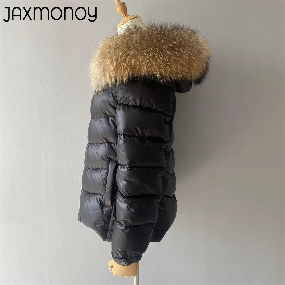 Jaxmonoy-Jaqueta com capuz de pele de guaxinim real feminina, casaco branco quente de pato, moda feminina, inverno grosso, 2023