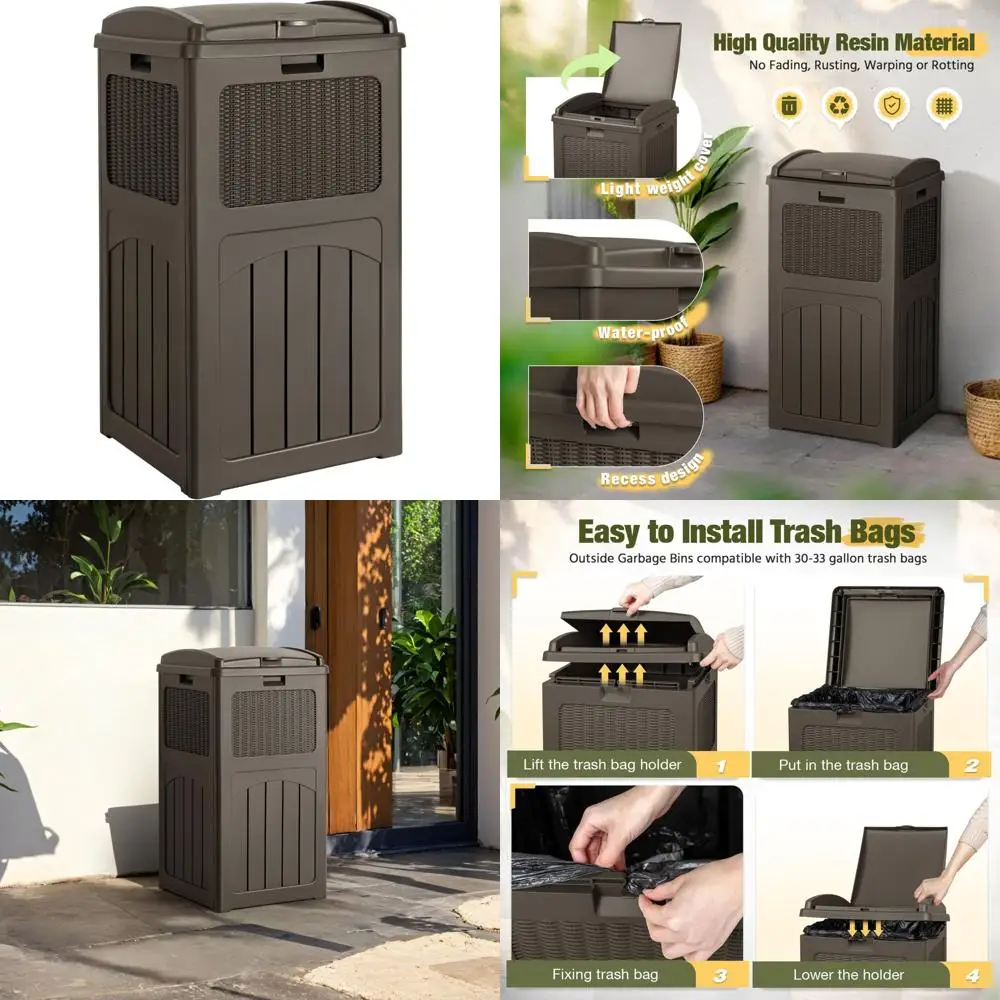 

33 Gallon Outdoor Trash Bin with Tiered Lid, Waterproof Resin Waste Container for Patio and Outdoor Areas
