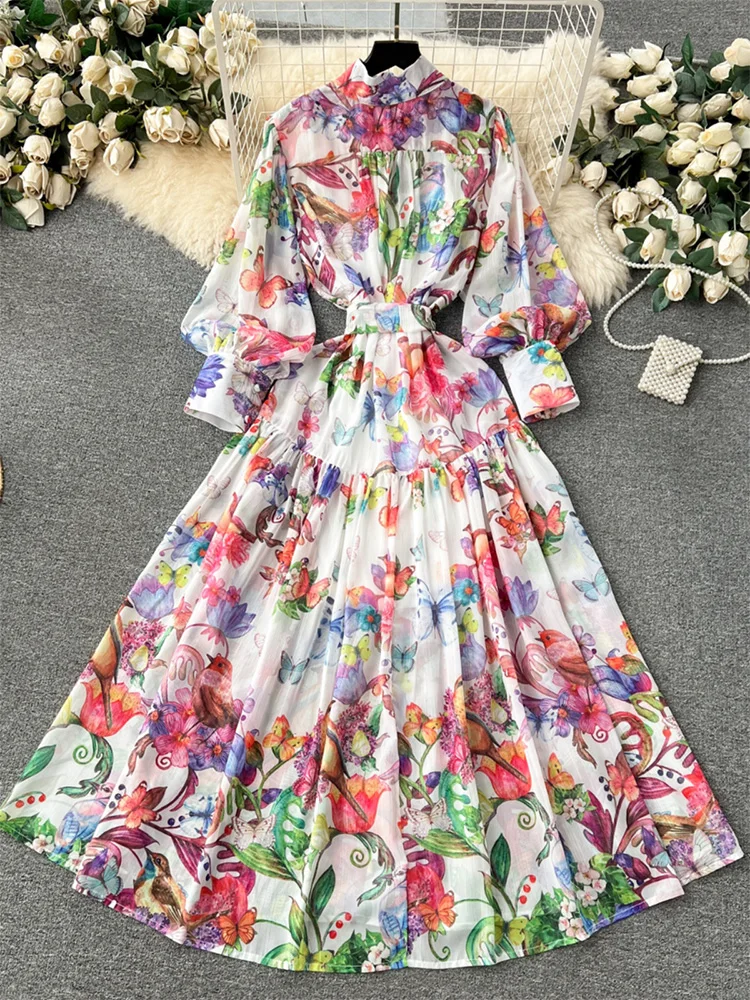 Long Dresses For Women Stand Collar Tie Belt Spring Vacation Maxi Dress Long Sleeve Metallic Thread Chiffon Floral Print Dress