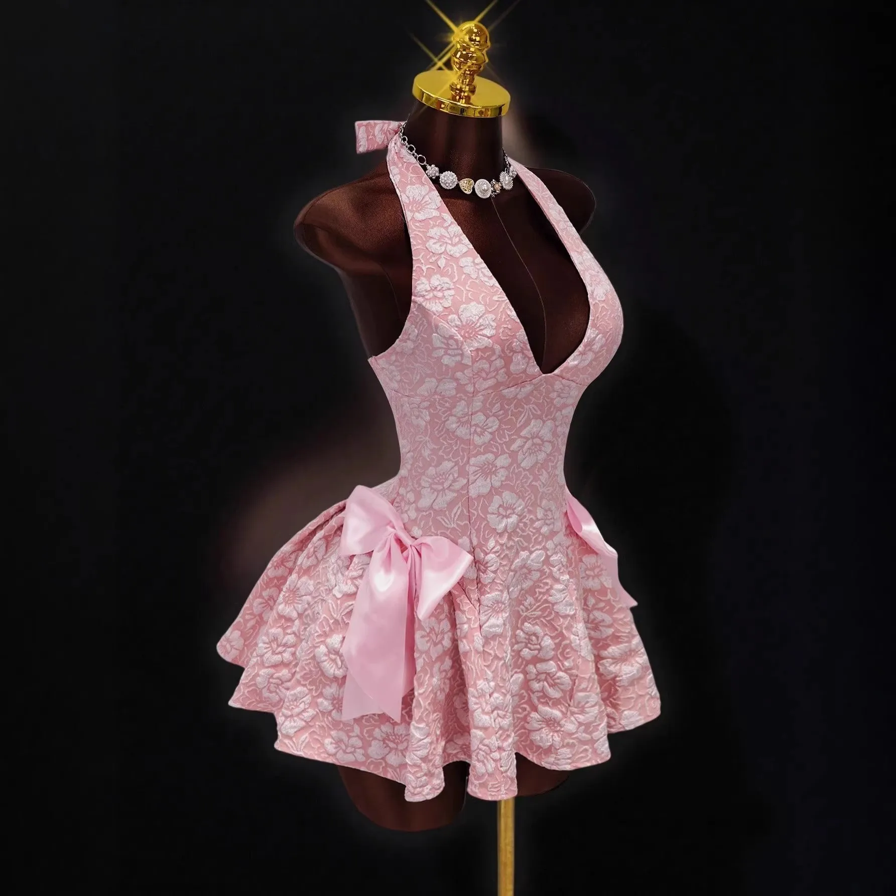 Vestido de Fiesta para Mujer, Elegante y de Lujo, con Cuello Halter y Escote en V, Mini Vestido de Fiesta, Jacquard Floral, Cintura Fruncida Rosa, Peplum
