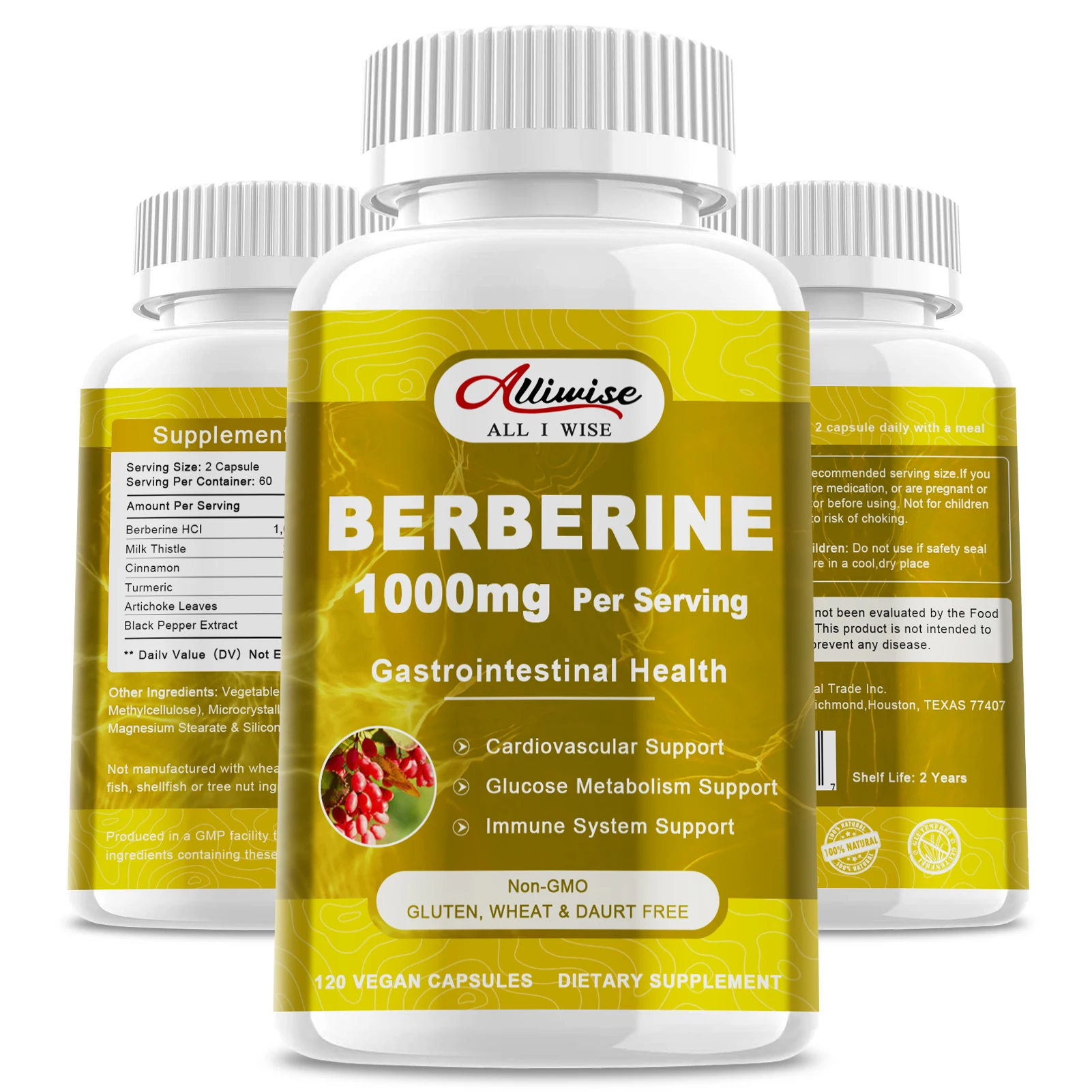 

Alliwise Premium Berberine Supplement Capsules Supports Immune System, CardiovascularHeart & Gastrointestinal Wellness