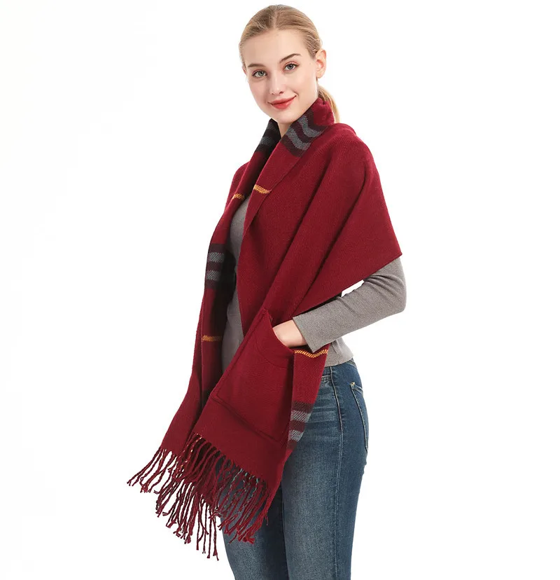 Thick Cashmere Blend Pashmina with Pocket Women Warm Winter Scarves Shawl Wrap Femme Bufanda Muffler Burgundy Plaid Echarpes