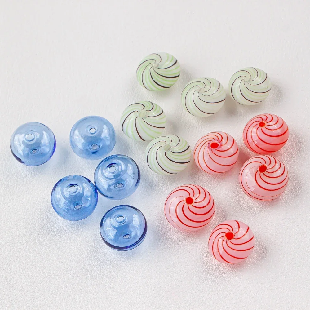 Candy Color Transparent Hollow Glass Flat Round Beads Glazed Striped Straight Hole DIY Earring Bracelet Jewelry Accessories 4pcs