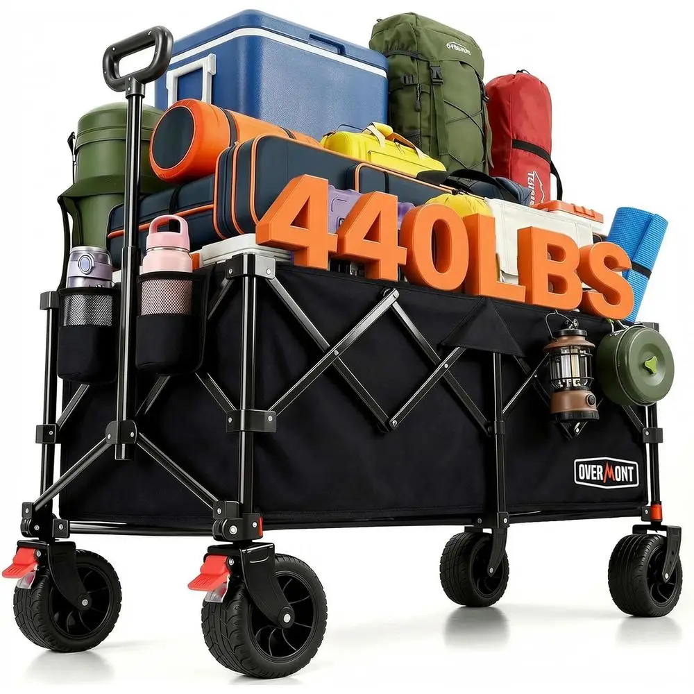 

46.6" L Extended Collapsible Wagon Cart - 440LBS Heavy Duty oldable Beach Wagon with Big All-Terrain Wheels - Portable olding Ut