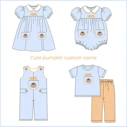 Ropa Baby Girl And Baby Boy New Cotton Customizable Name Styles Presale Models Cute Pumpkin Embroidery Romper Sets Blue Clothes