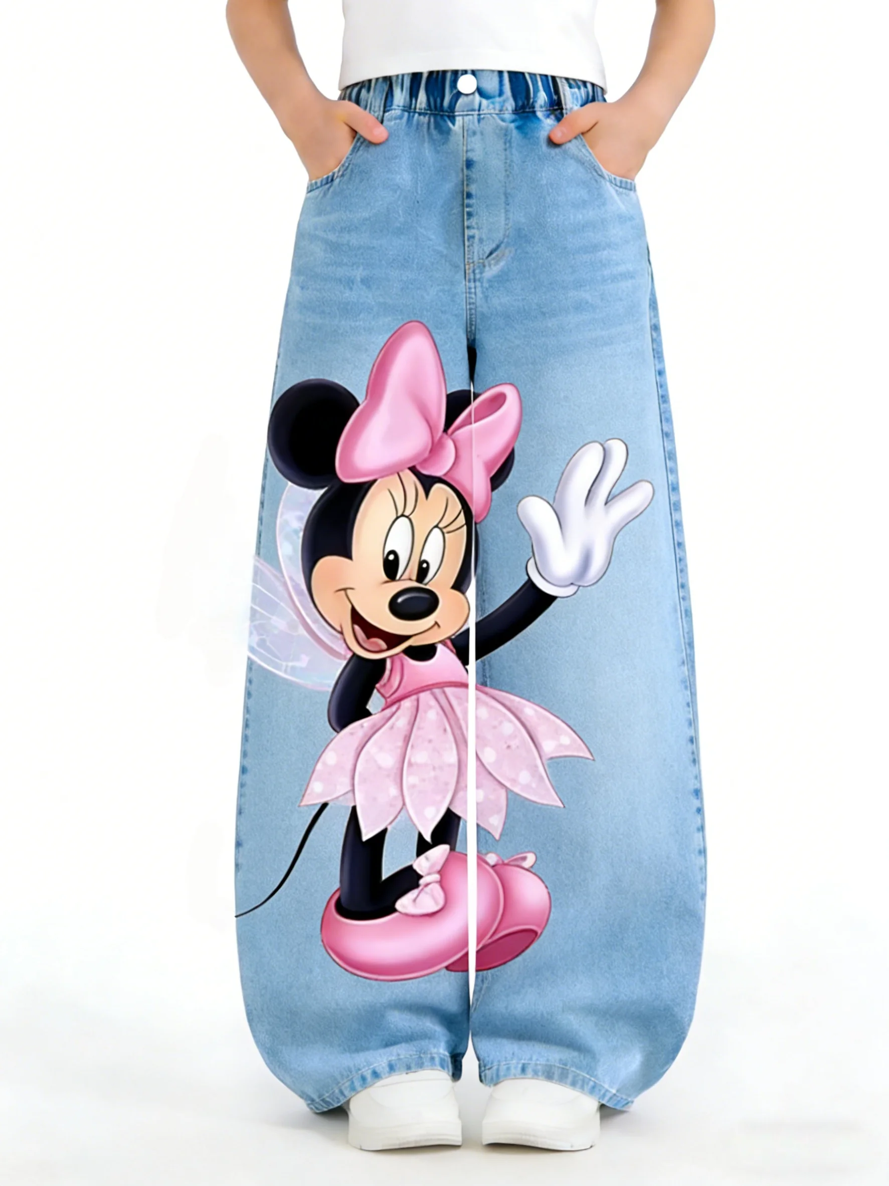 

Детские ковбойские брюки Disney для девочек на весну и осень, детские повседневные брюки прямого кроя с принтом Минни Маус для девочек