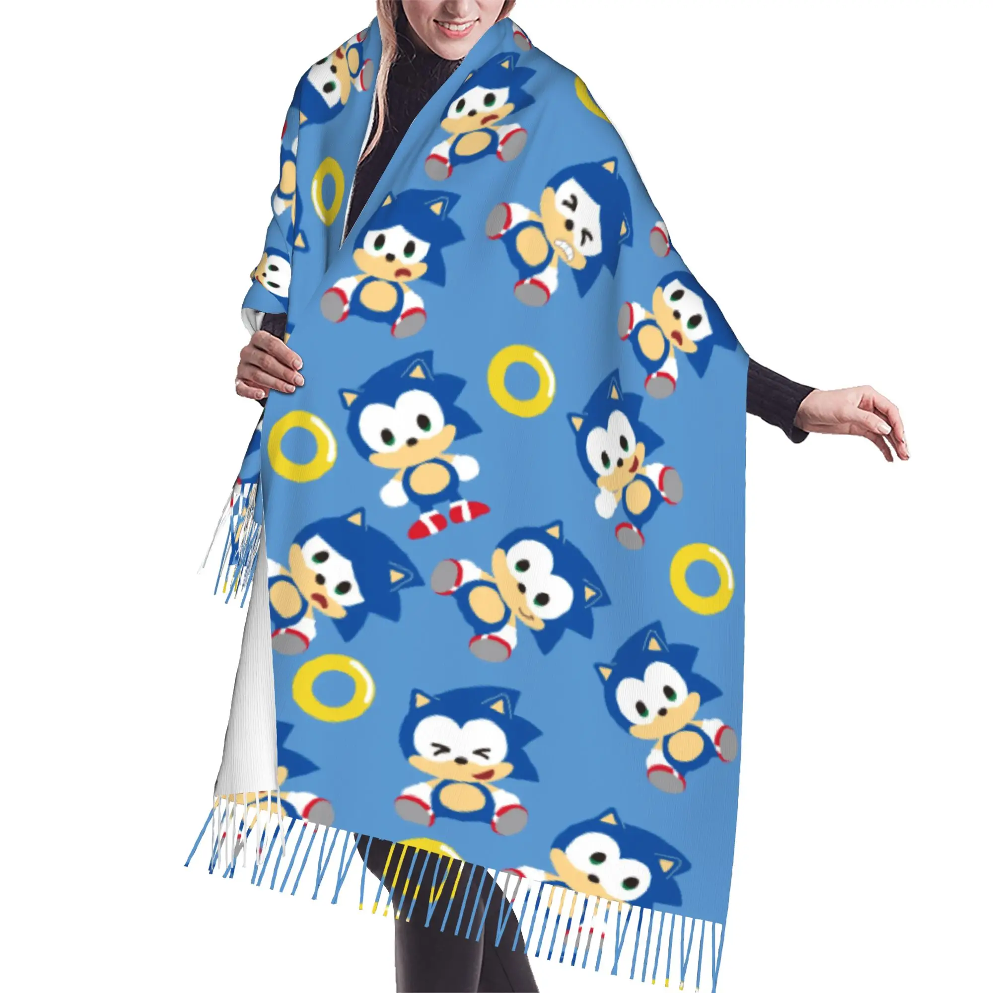 Custom Female Large S-Soniced Cartoon Scarves Women Winter Thick Warm Tassel Shawl Wrap Video Game Scarf