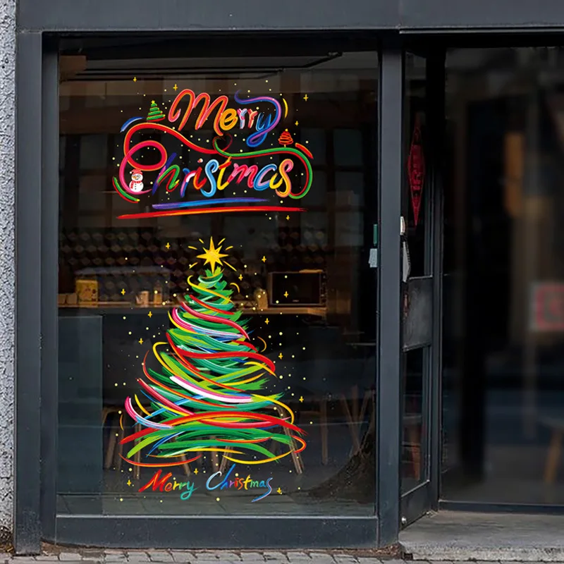 Christmas Scene Window Stickers Christmas Tree Static Clings - 2-Sided PVC Window Decals for Home & Store Decor