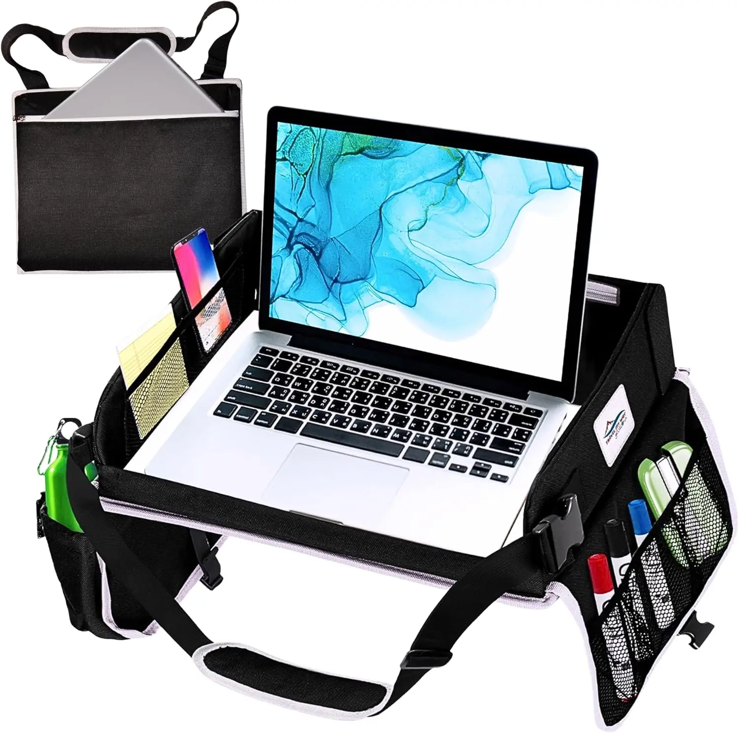 

Portable Lap Desk for Car and Travel, Laptop Tray with Storage Pocket, Tablet Holder, Fits 15.6-Inch Devices