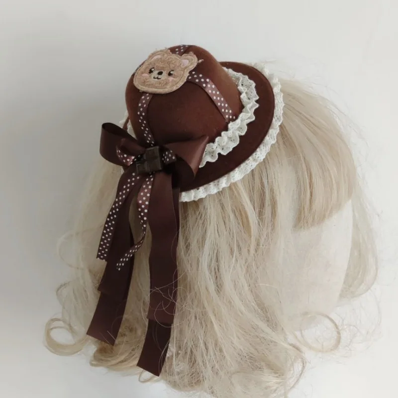 Lolita Girl's Cute Chocolate Bear Coffee Top Hat Hairpin Headdress