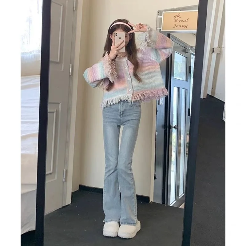 

Корейский стиль, градиентный полосатый вязаный кардиган с кисточками для женщин, осенний новый свободный свитер, куртка, топ