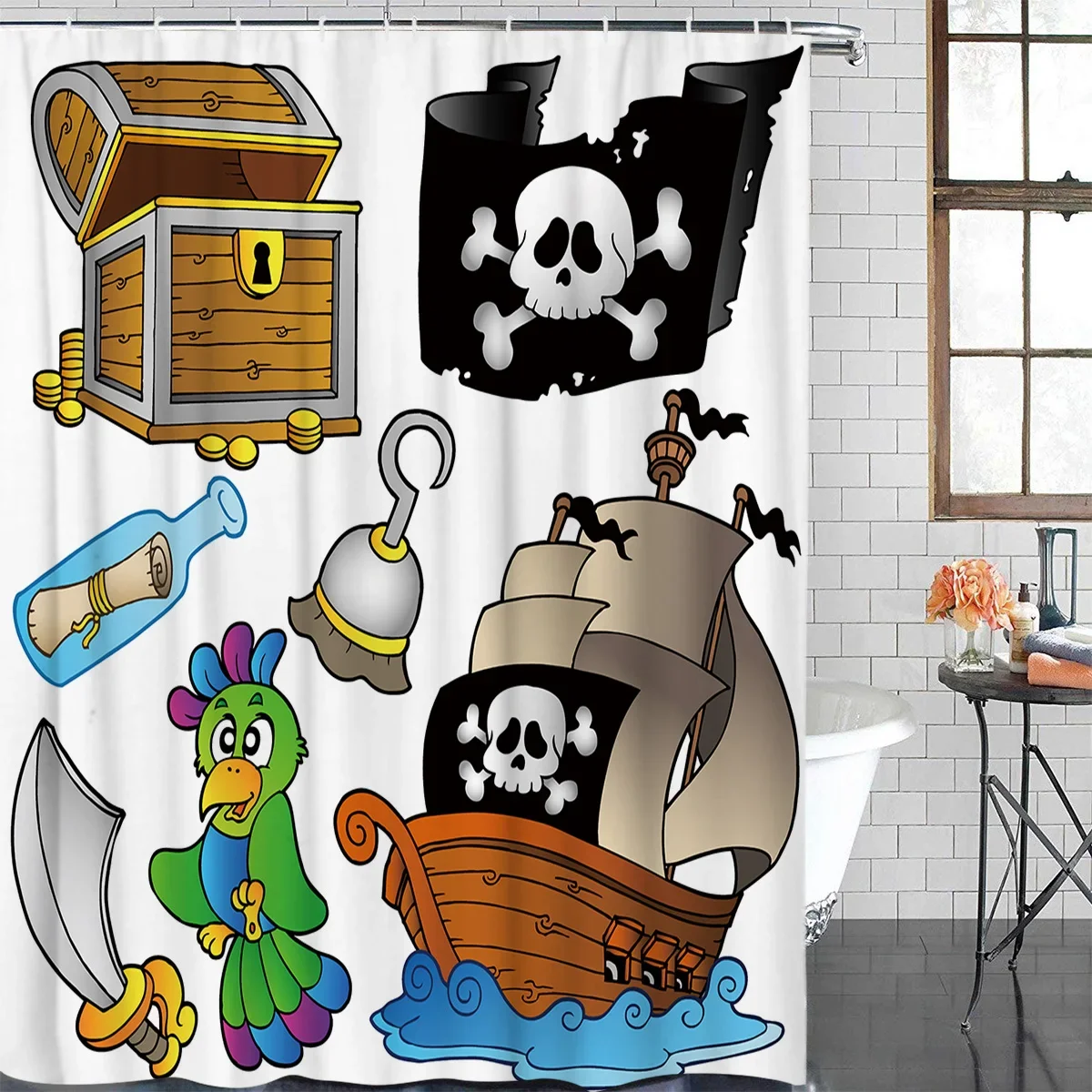 Pirate Ship Cartoon Parrot Waterproof Bathroom Decoration Shower Curtain With Hook Printed Bathtub Curtains Bathroom Accessories