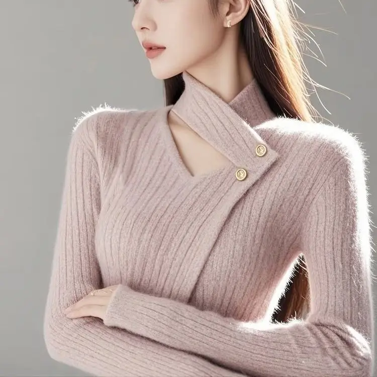 

Hollowed Out Semi High Neck Knitted Sweater for Women Niche Design Long Sleeved Knitwear Top