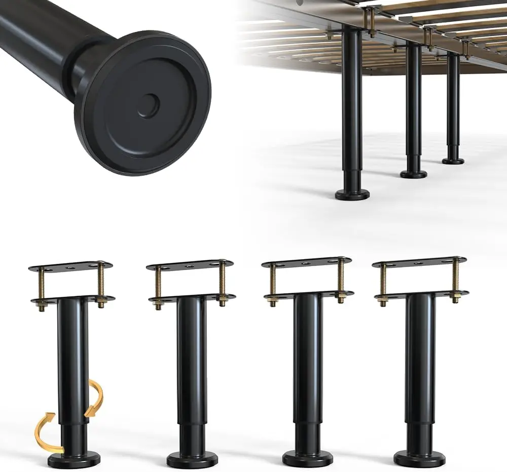 4Pcs Bed Frame Support Legs, Adjustable Height 5-8.6 Inches, Extra Sturdy Steel with Wider Rubber Base for King/Queen Beds