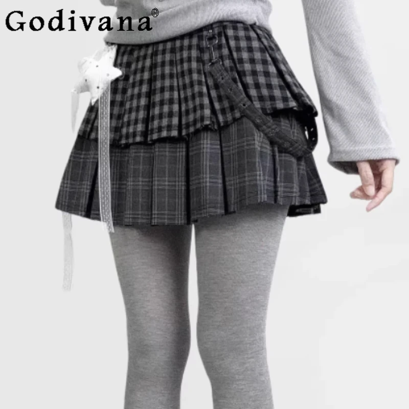 Subculture Autumn Winter Woolen Plaid Grey Splicing Cake Skirt Personalized Girls A-line High Waist Versatile College Skirts