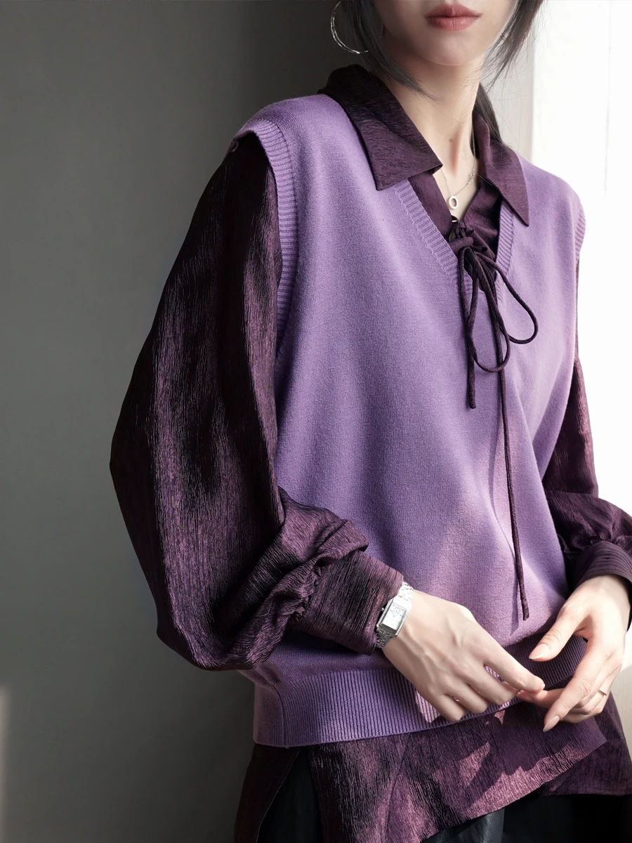 

Warmo2025 Autumn Winter Drapey Tie Design Acetate irt V-Ne Knitted Vest Two-Piece Set Loose Women's Faion Commute Sle