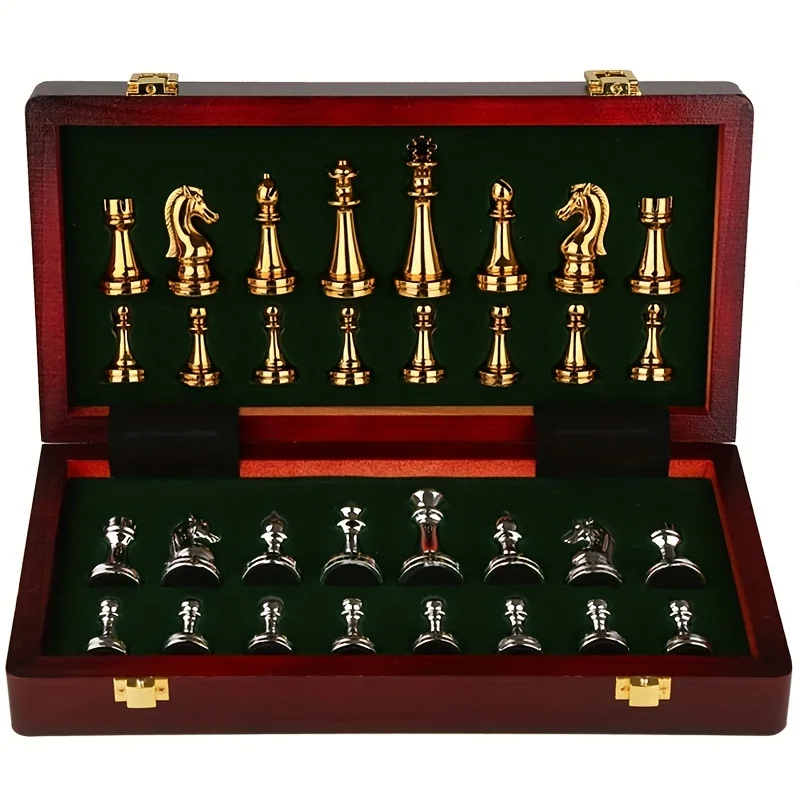 Set di scacchi in metallo per adulti Bambini Scacchiera deluxe con pezzi degli scacchi Set da viaggio in legno con pezzi metallici Scacchiera