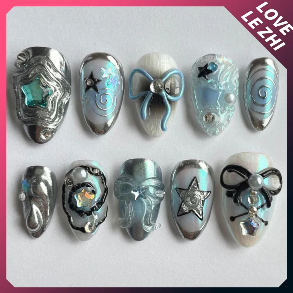 Y2K Metal Ellipse European Almond Handmade Press On Nails Mechanical Cyber Style Star Diamond Full Coverage Fake Nail Tip