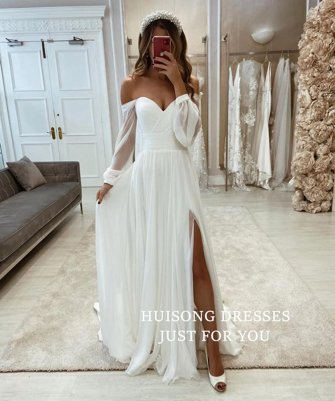 

HUISONG Customized Boho Chiffon Wedding Dresses Sweetheart Long Sleeves A-Line Beach Bohemian Wedding Gown vestidos de novia